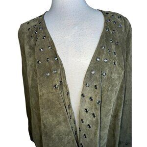 Bagatelle M Green Suede Leather Drape Open Front Jacket Moto All Over Rivets